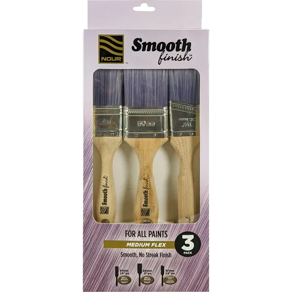 Nour Smooth Finish Flat Sash Paint Brush Set (3 Pack)