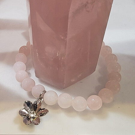 Pink Quartz and Silver Cherry Blossom Charm Bracelet