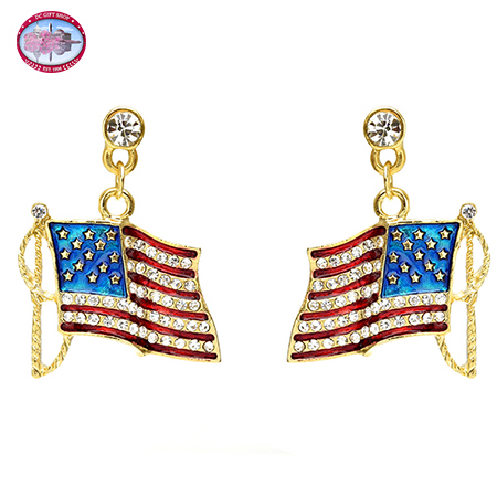 American Flag Enamel Dangle Earrings with Clear Crystals