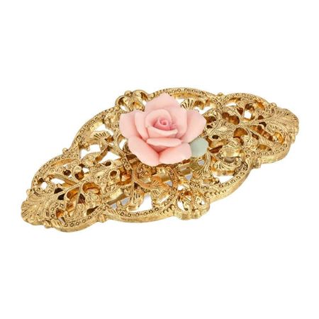 1928 Jewelry Porcelain Rose Filigree Hair Barrette