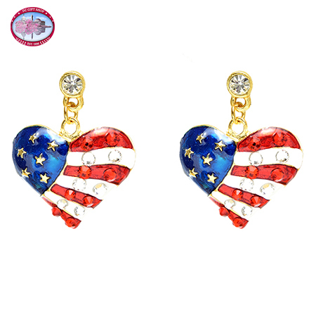 Gold Tone Red, White and Blue Heart Dangle Earrings