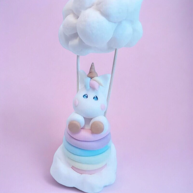 Unicorn In Hot Air Balloon, rainbow basket, unicorn in cloud cake decorations.