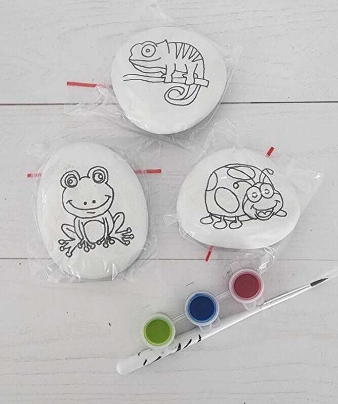 Hand drawn rock art kit - chameleon, frog, lady bug