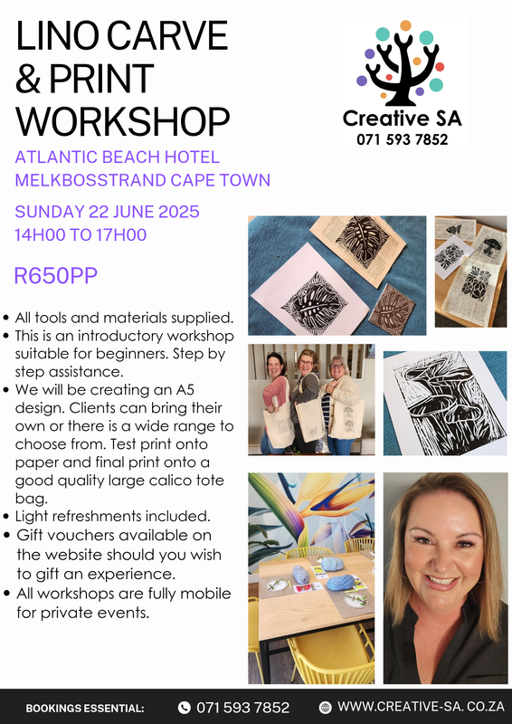 Lino Print and Carve Workshop (tote bag) @ 14h00 on 22 June 2025 in Melkbosstrand 
