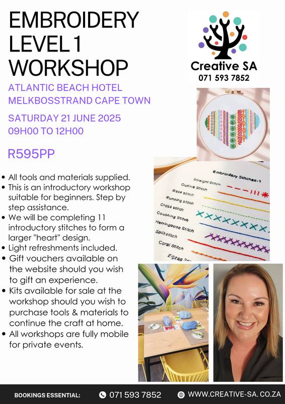 Embroidery Workshop Level 1 @ 09h00 on 21 June 2025 in Melkbosstrand