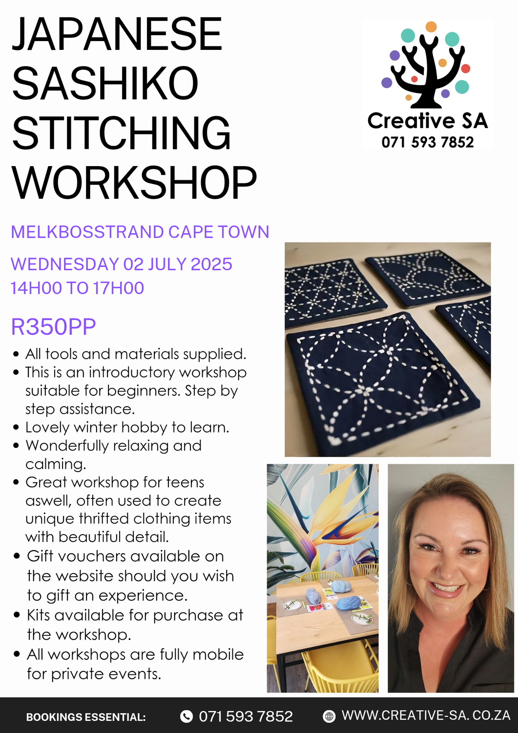 Japanese Sashiko Stitching Workshop @ 14h00 on 02 July 2025 in Melkbosstrand
