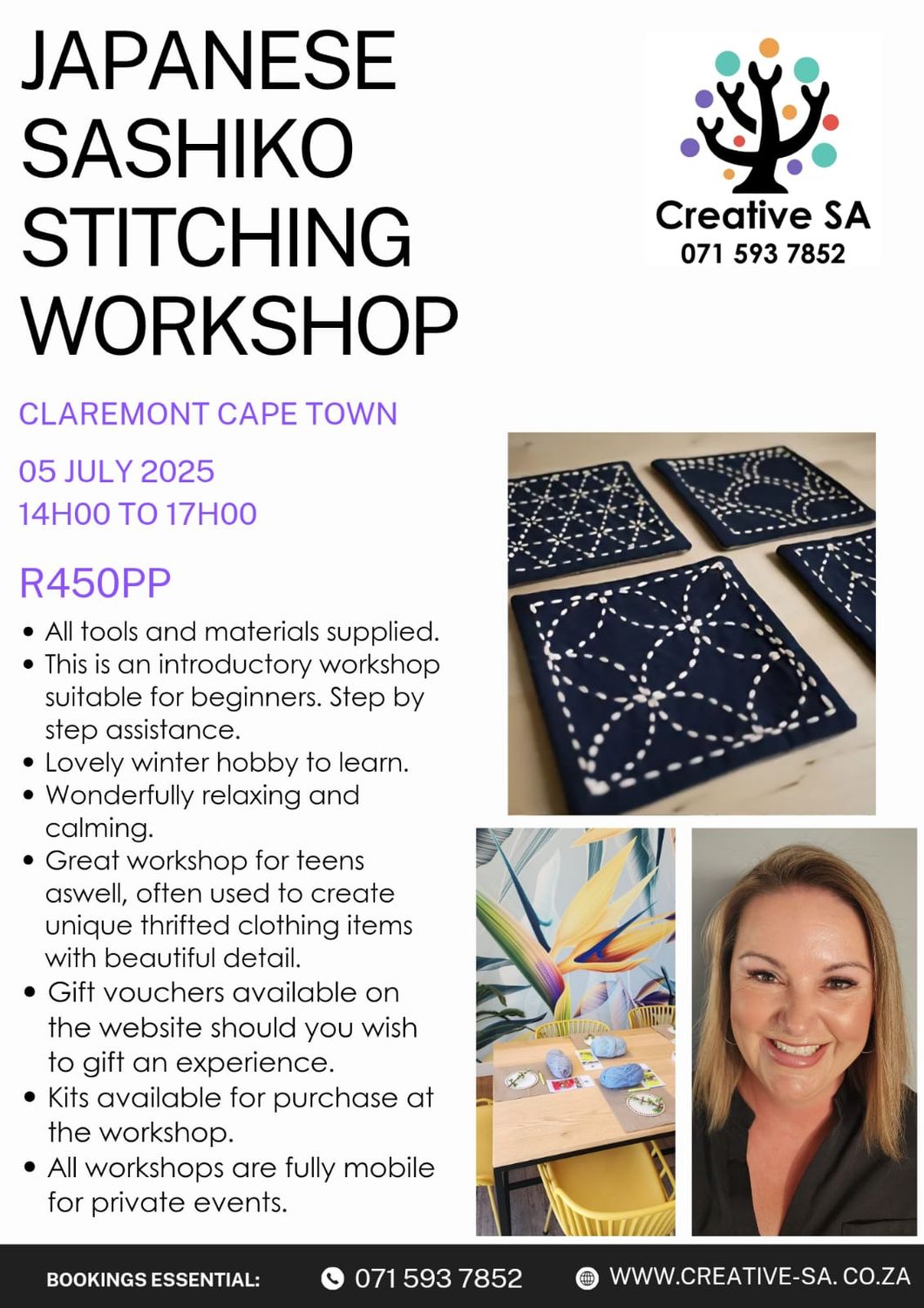 Japanese Style Sashiko Stitching Workshop @ 14h00 on 05 July 2025 in Claremont