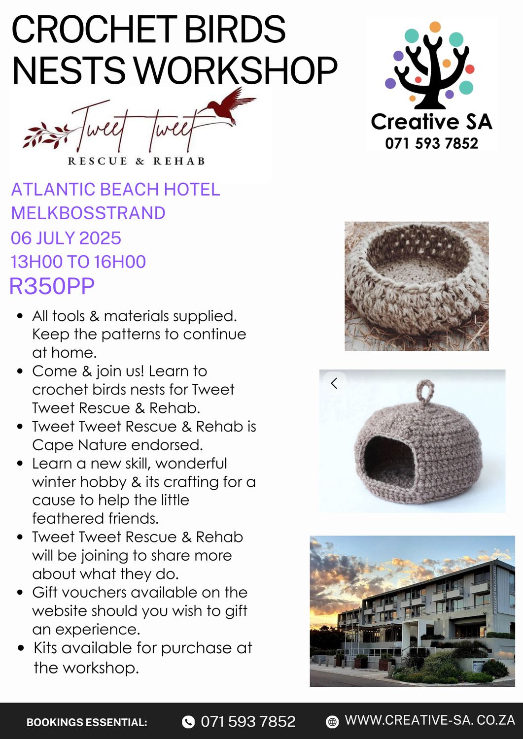 Tweet Tweet crochet birds nest Workshop @ 13h00 on 06 July 2025 in Melkbosstrand