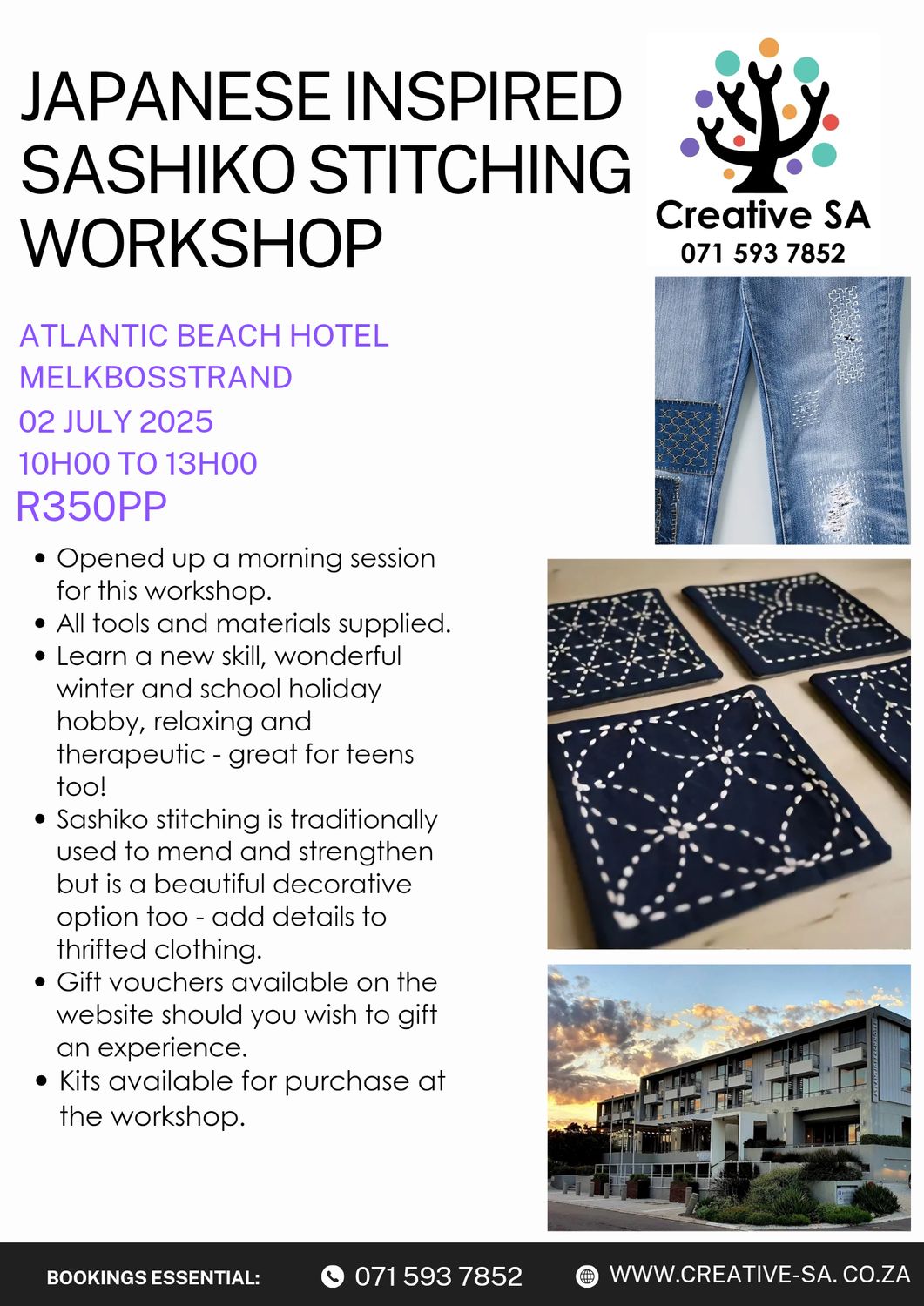 Japanese inspired Sashiko Stitching Workshop @ 10h00 on 02 July 2025 in Melkbosstrand