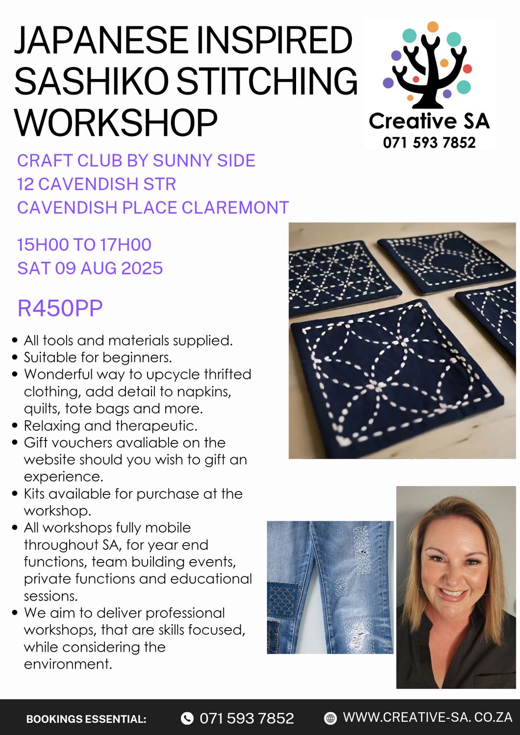 Japanese inspired sashiko stitching workshop @ 15h00 on 09 Aug 2025 in Claremont