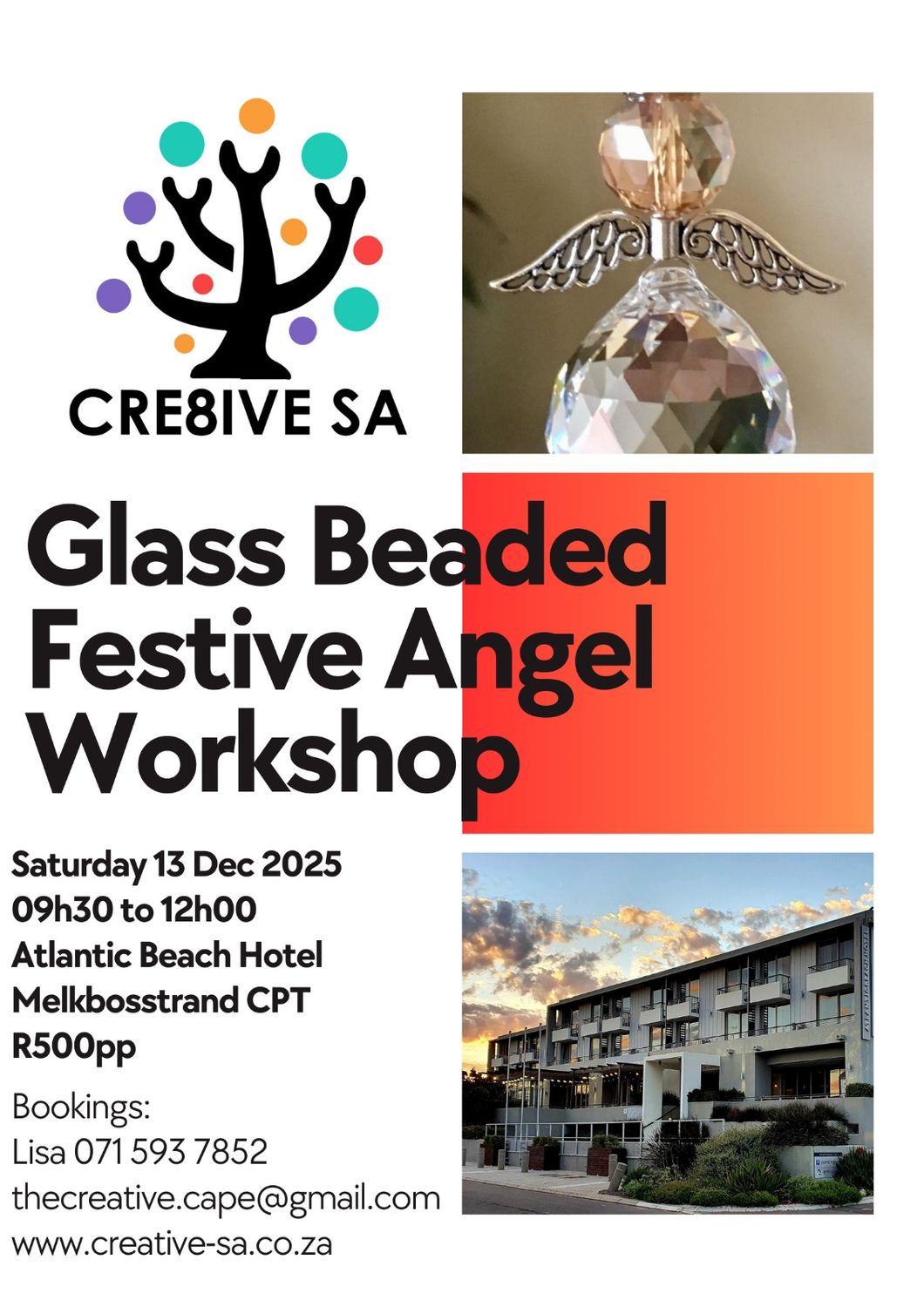 Glass Beaded Festive Angel&#39;s Workshop on 13 December 2025 @ 09h30 Atlantic Beach Hotel Melkbosstrand