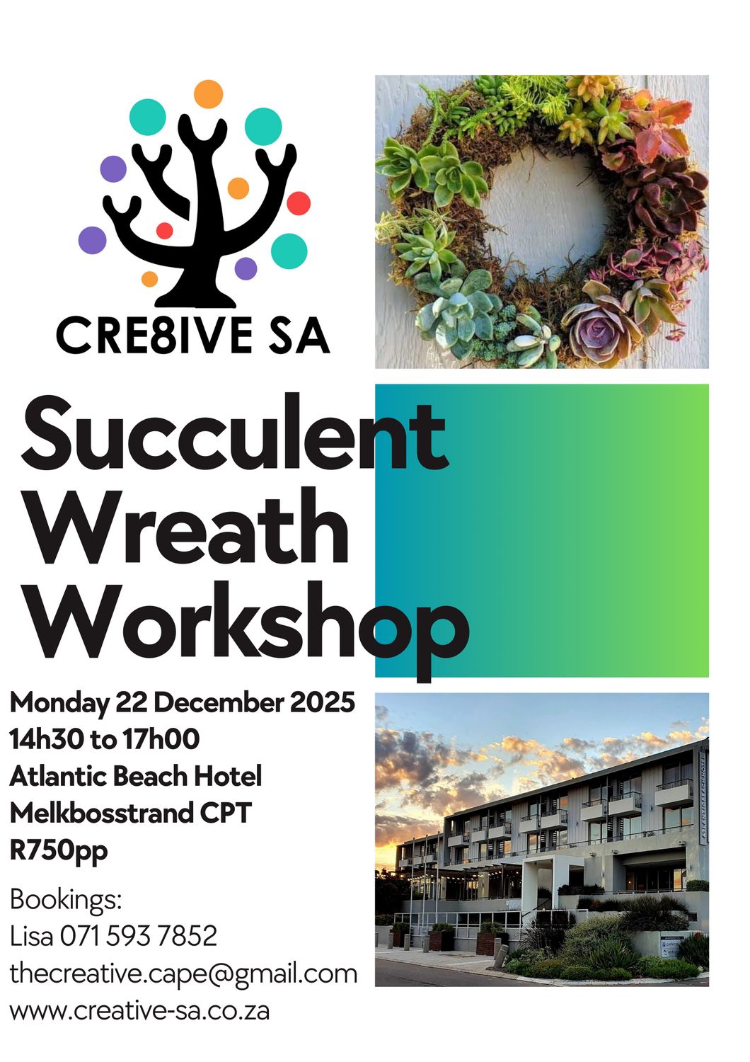 Succulent Wreath Workshop with embellishments @ 14h30 on 22 December 2025 Atlantic Beach Hotel Melkbosstrand