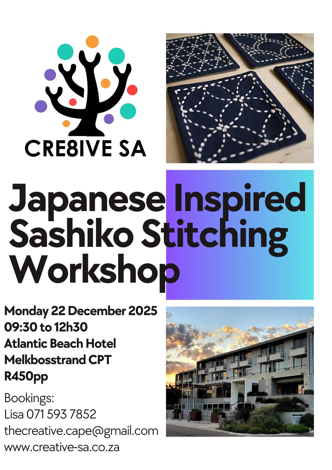 Introduction to Japanese Style Sashiko Stitching Workshop @ 09h30 on 22 December 2025 at The Atlantic Beach Hotel in Melkbosstrand