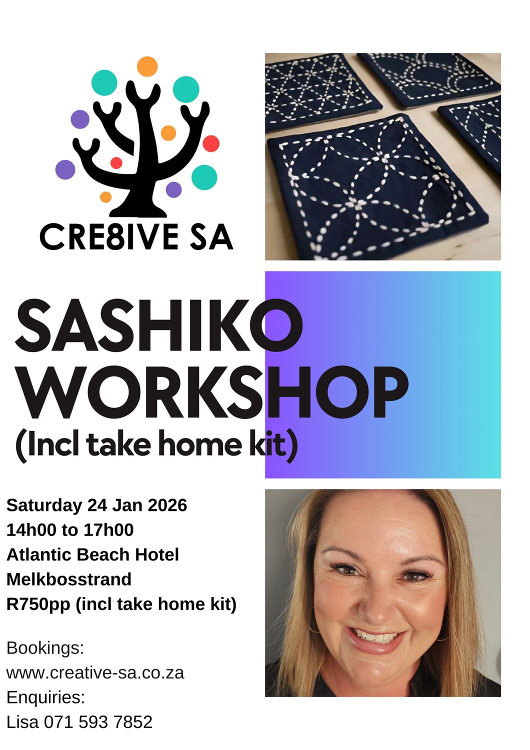 Introduction to Japanese Inspired Sashiko Stitching Workshop @ 14h00 on 24 Jan 2026 - Atlantic Beach Hotel Melkbosstrand