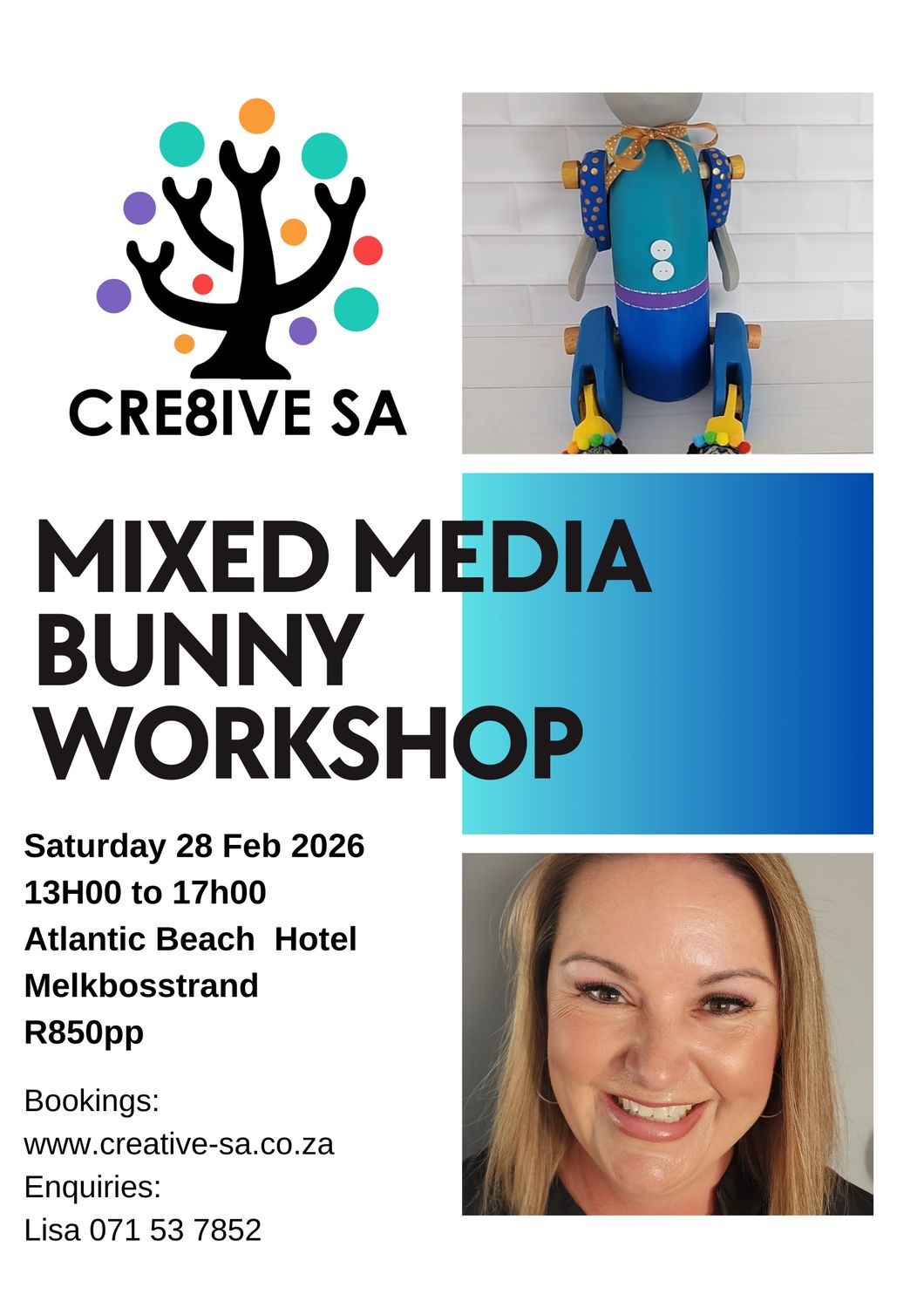 Mixed Media Wooden Bunny Workshop @ 13h00 on 28 Feb 2026 - Atlantic Beach Hotel Melkbosstrand