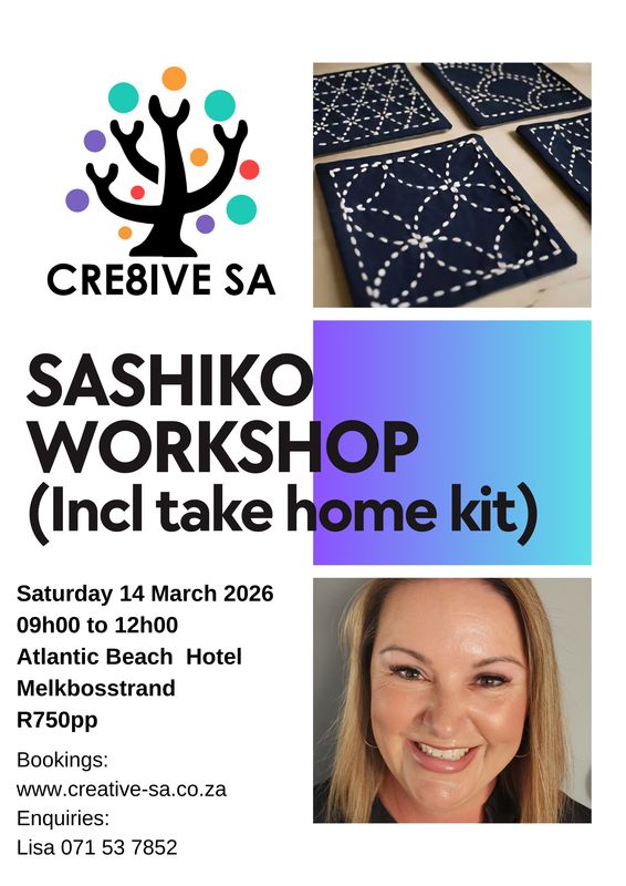 Introduction to Sashiko Workshop @ 09h00 on 14 March 2026 - Atlantic Beach Hotel Melkbossttand (Incl take home kit)