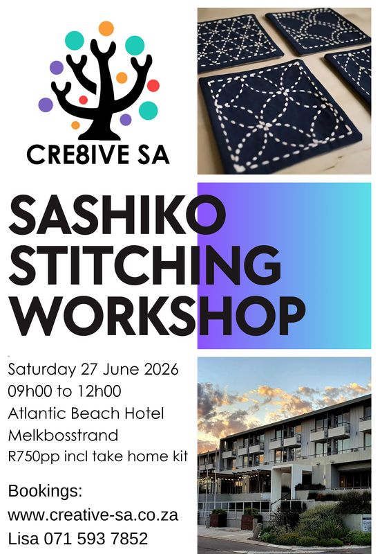 Introduction to Japanese Inspired Sashiko Stitching Workshop (incl take home kit) @ 09h00 on 27 June 2026 - Atlantic Beach Hotel Melkbosstrand