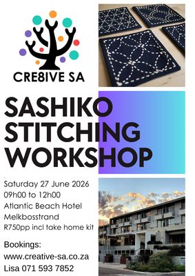 Introduction to Japanese Inspired Sashiko Stitching Workshop (incl take home kit) @ 09h00 on 27 June 2026 - Atlantic Beach Hotel Melkbosstrand