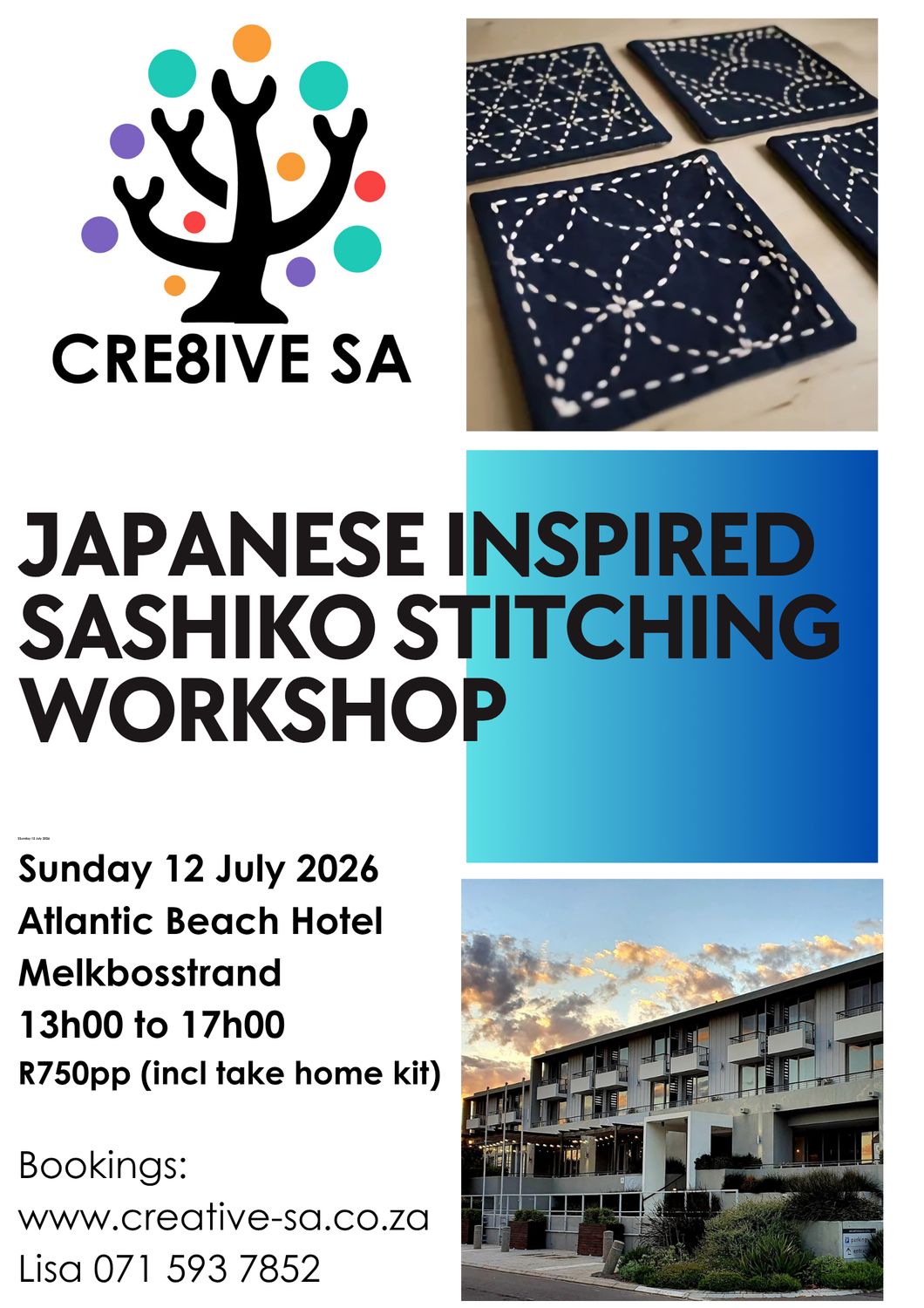 Introduction to Japanese Inspired Sashiko Stitching Workshop (incl take home kit) @ 13h00 on 12 July 2026 - Atlantic Beach Hotel Melkbosstrand