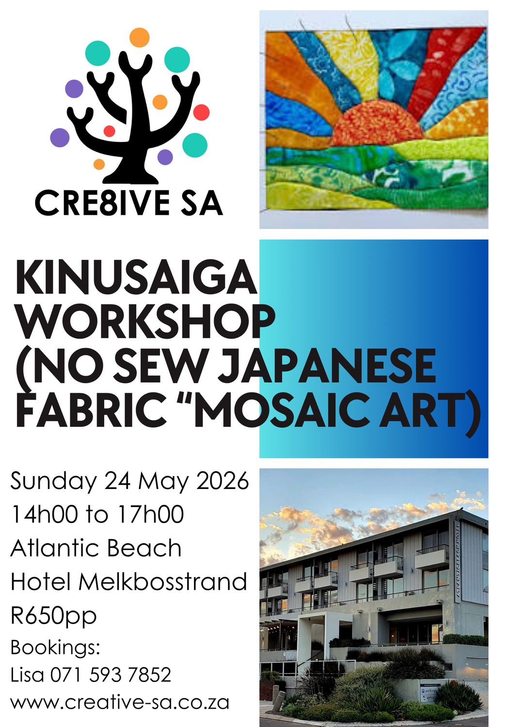 Kinusaiga Workshop (no sew Japanese fabric mosaic art) @ 14h00 on 24 May 2026 - Atlantic Beach Hotel Melkbosstrand