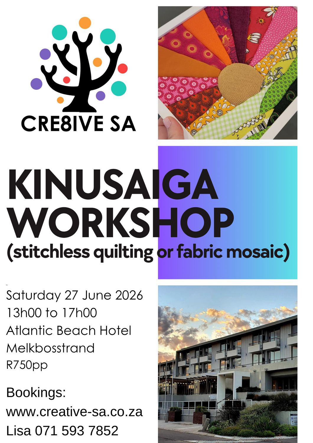 Kinusaiga Workshop (no sew Japanese fabric mosaic art) @ 13h00 on 27 June 2026 - Atlantic Beach Hotel Melkbosstrand