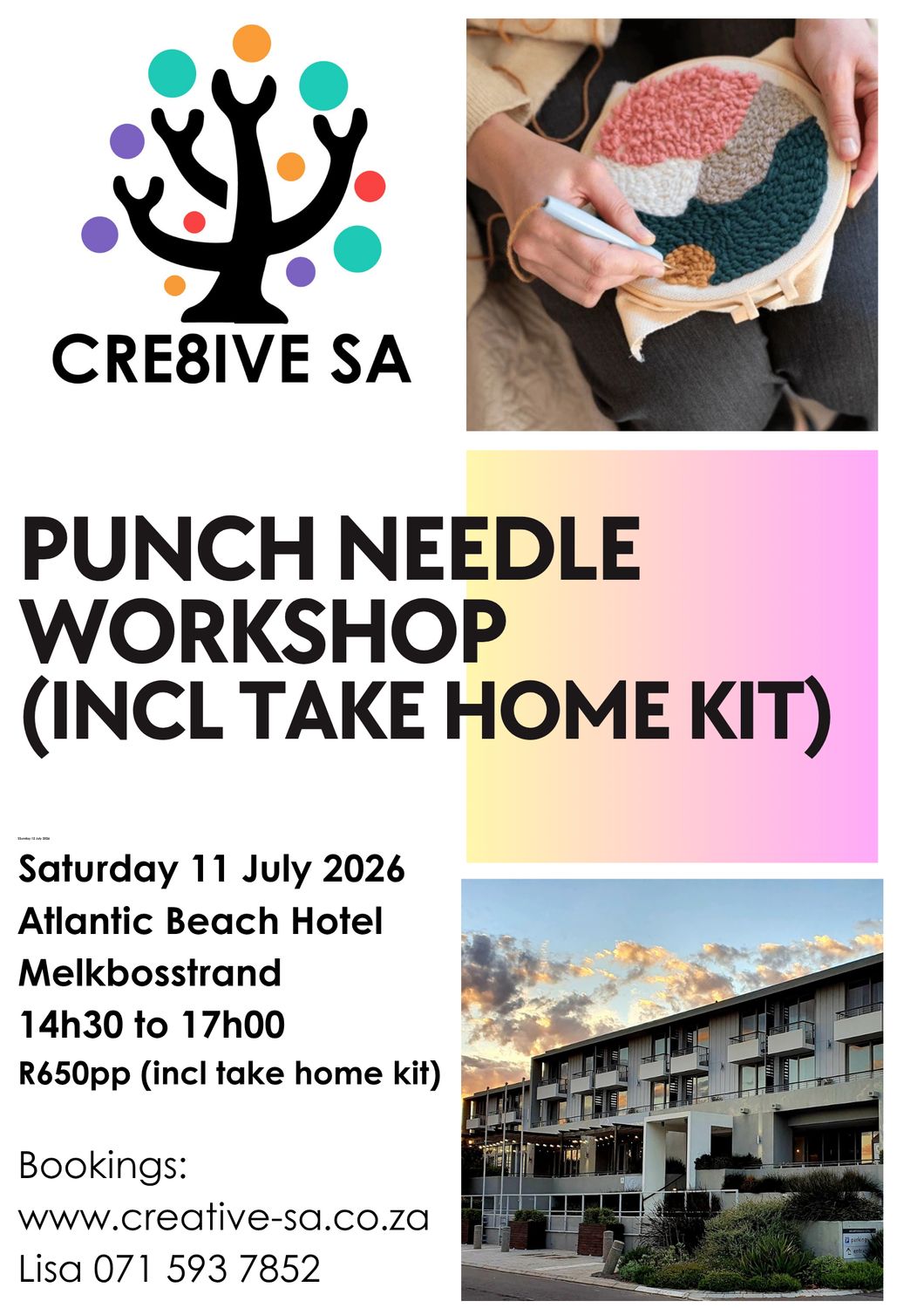 Punch Needle Workshop @ 14h30 on 11 July 2026 - Atlantic Beach Hotel Melkbosstrand (Incl take home kit)