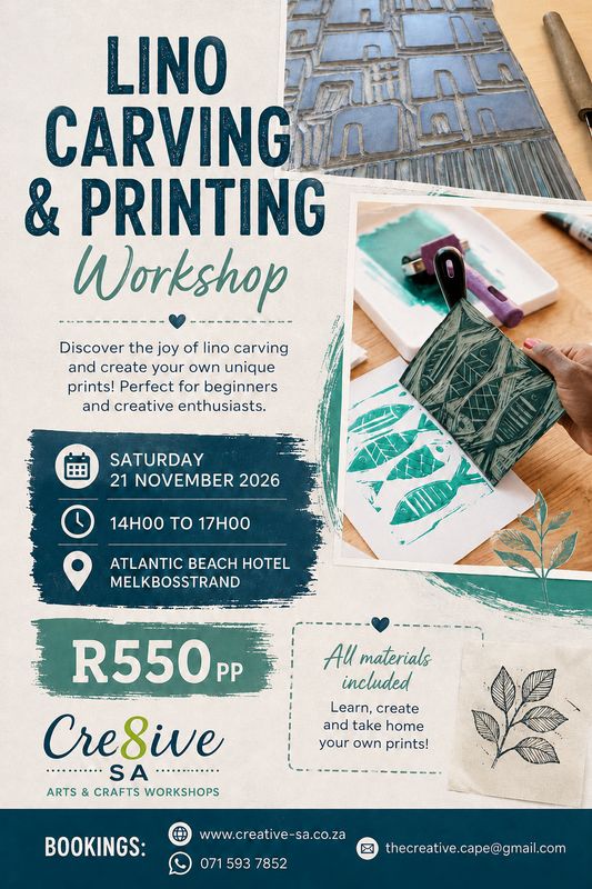 Lino Carving and Printing Workshop @ 14h00 on 21 Nov 2026 - Atlantic Beach Hotel Melkbosstrand