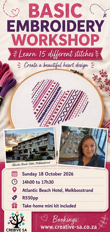 Basic Embroidery Workshop @ 14h00 on 18 Oct 2026 - Atlantic Beach Hotel Melkbosstrand