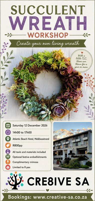 Succulent Wreath Workshop @ 14h00 on 12 Dec 2026 - Atlantic Beach Hotel Melkbosstrand