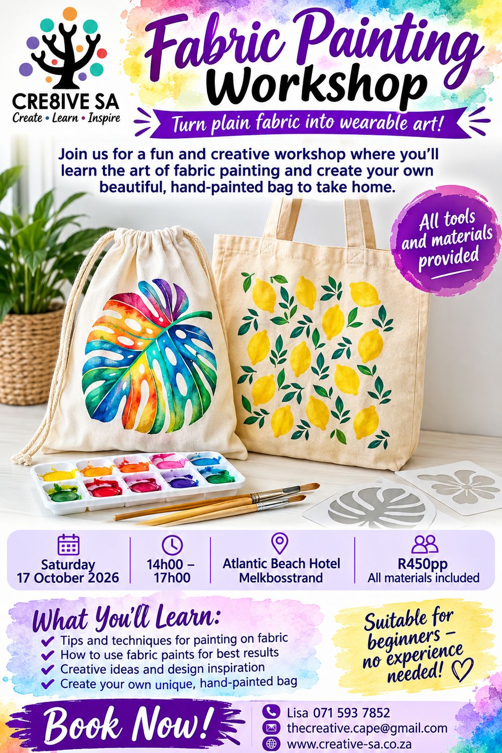 Fabric Painted Bag Workshop @ 14h00 on 17 Oct 2026 - Atlantic Beach Hotel Melkbosstrand