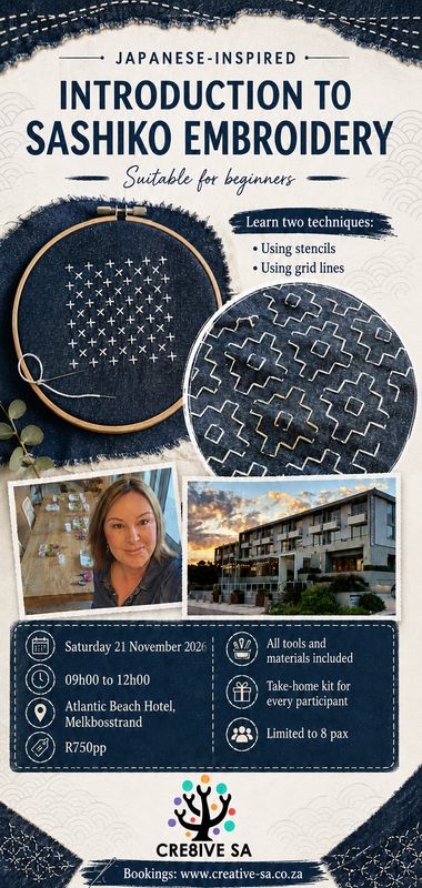 Introduction to Sashiko Workshop @ 09h00 on 21 Nov 2026 - Atlantic Beach Hotel (incl take home kit)