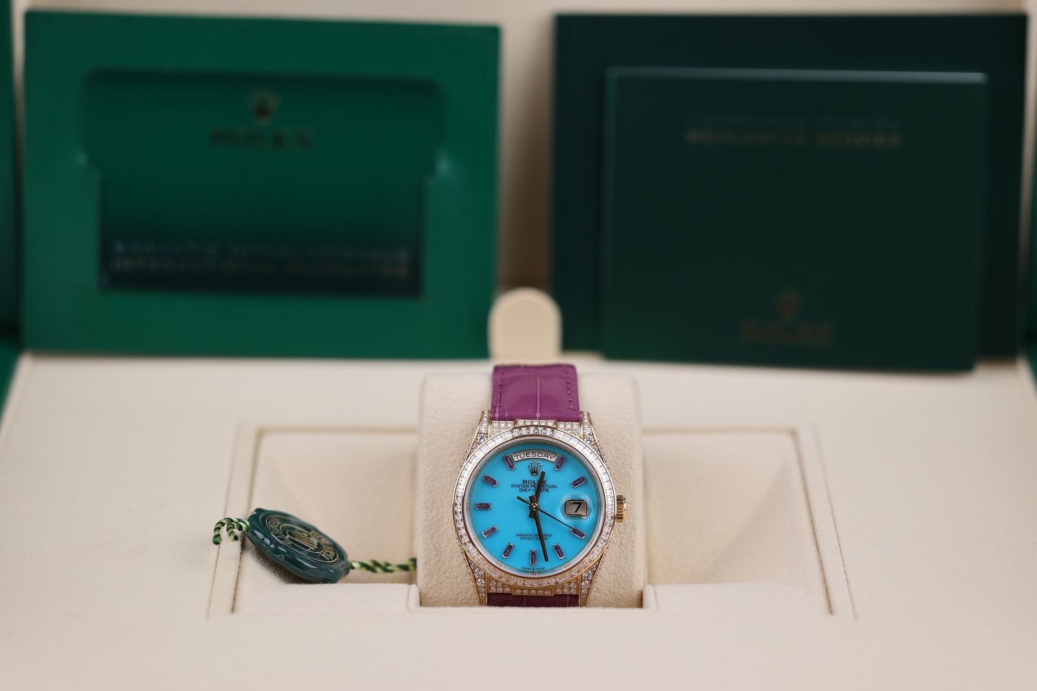 Rolex Day-Date 36 Turquoise Dial Baguette Purple Saphire - 2023