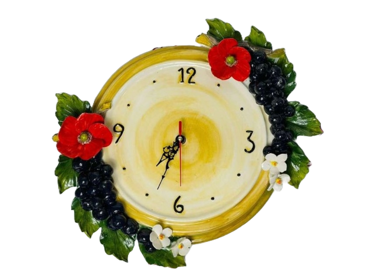 Orologio da Parete con Papaveri e Uva in Ceramica di Capodimonte.