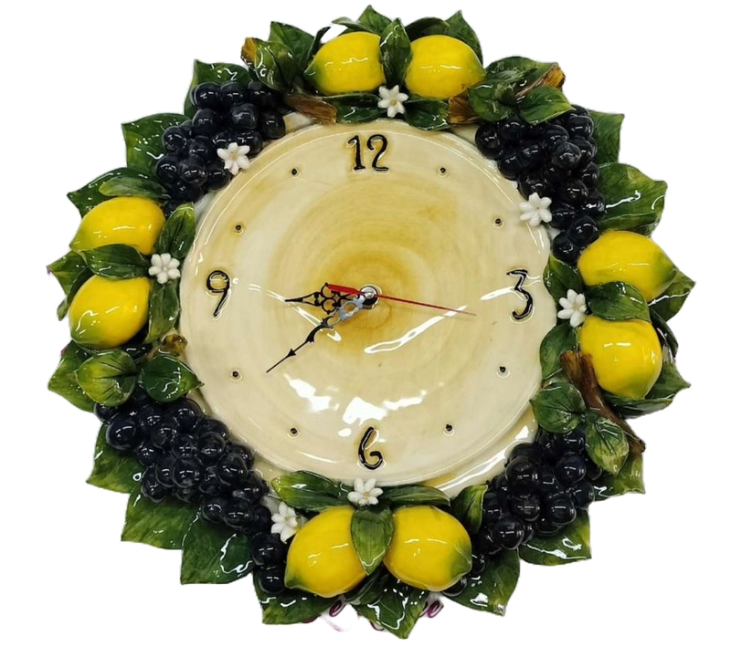 Orologio da Parete, decoro in rilievo con Limoni e Uva in ceramica di capodimonte