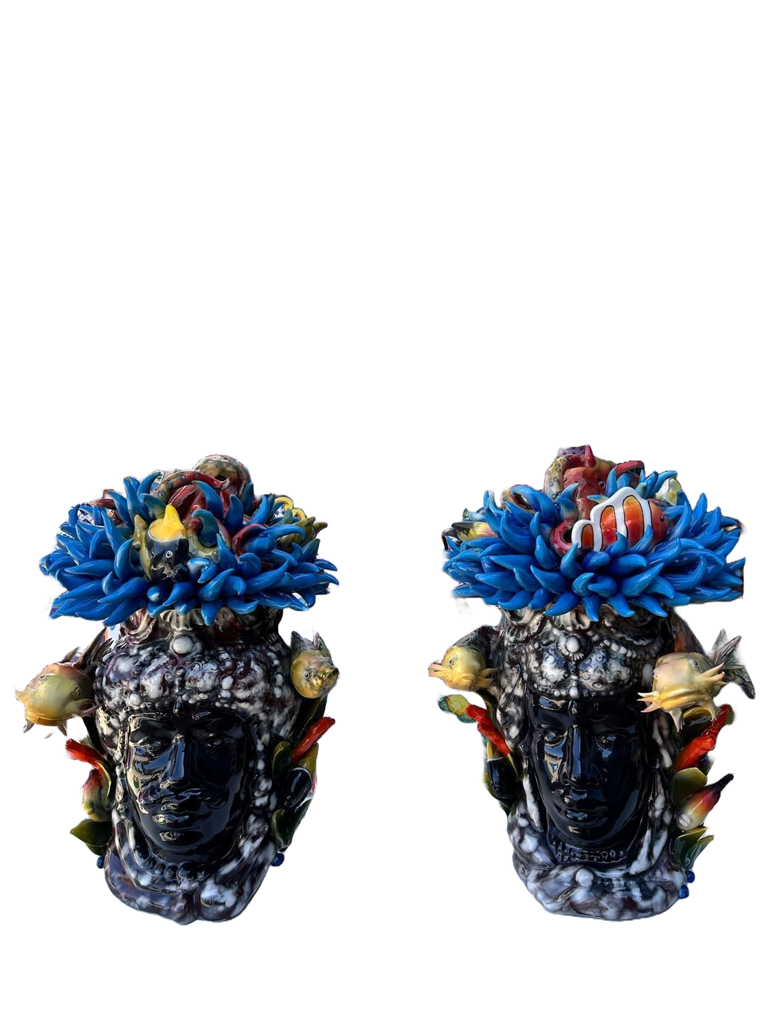 Teste di Moro con Riccio Marino, Polipo e Pesce Marino in Ceramica di Capodimonte.