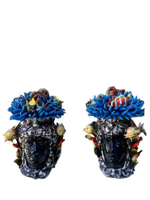 Teste di Moro con Riccio Marino, Polipo e Pesce Marino in Ceramica di Capodimonte.
