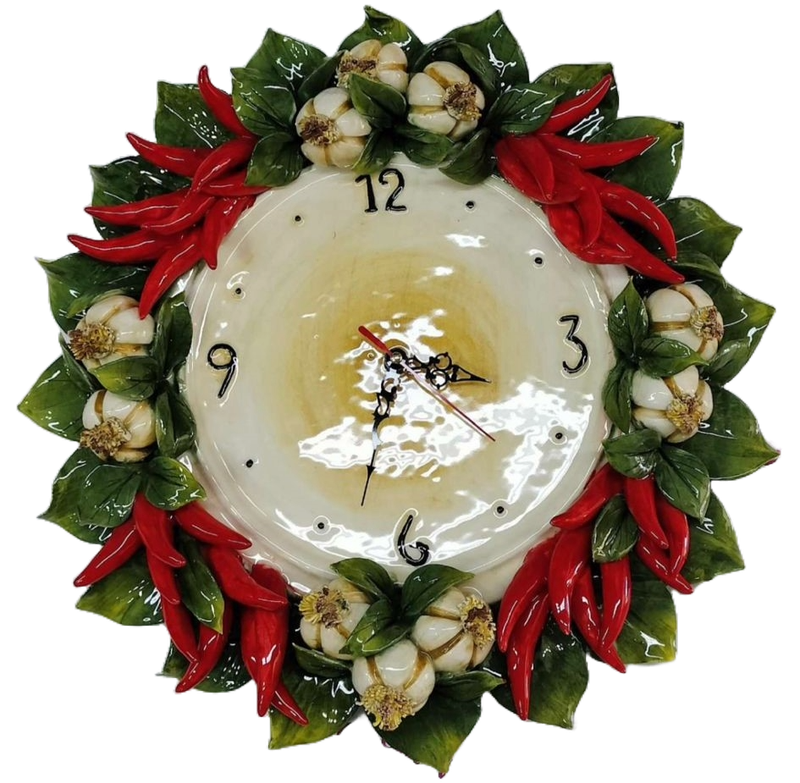 Orologio da Parete, decoro in rilievo con Aglio e Peperoncino in Ceramica di Capodimonte