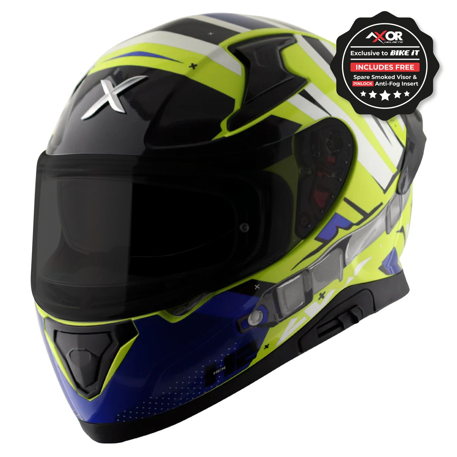 Axor Apex Full Face Helmet - Hex-2 Neon Yellow Blue Gloss Axor Apex Full Face Helmet - Hex-2 Neon Yellow Blue Gloss