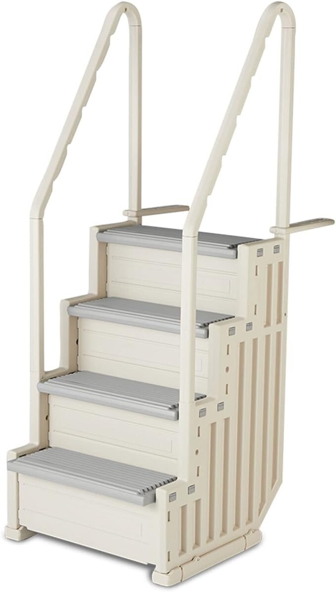 Confer Step-1 Stair Ladder Entry System with 4 Steps and 2 Handrails for Flat Bottom Above Ground Swimming Pool, Snap-in Installation, Warm Gray