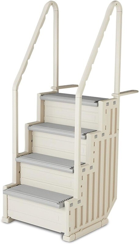 Confer Step-1 Stair Ladder Entry System with 4 Steps and 2 Handrails for Flat Bottom Above Ground Swimming Pool, Snap-in Installation, Warm Gray