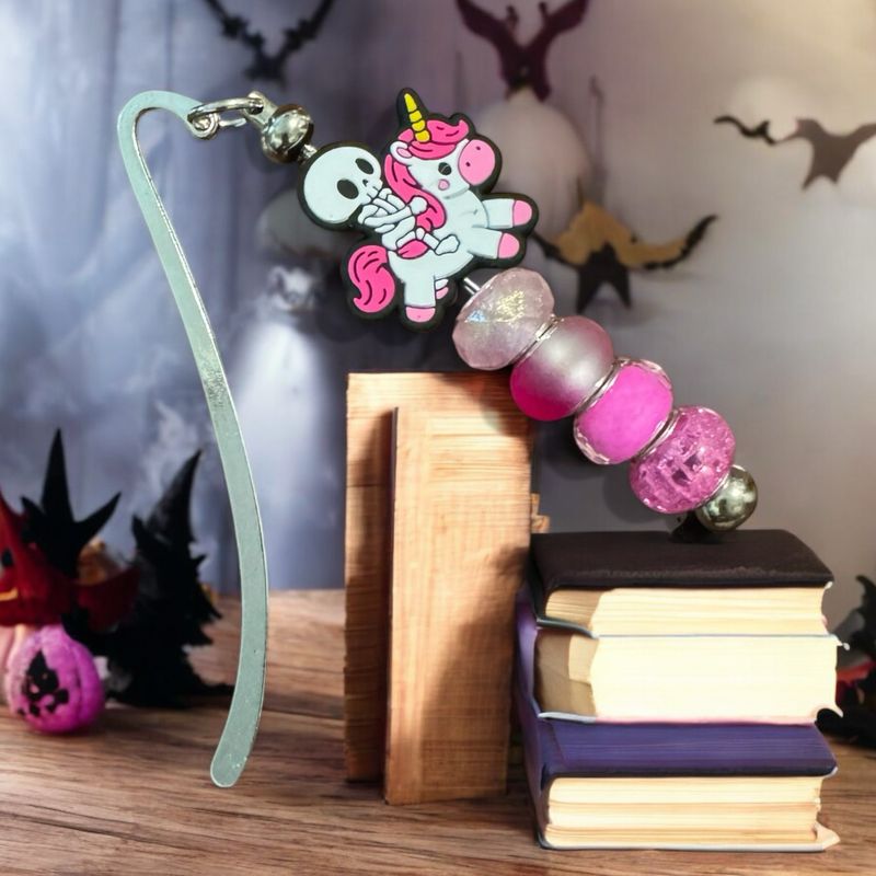 Skeleton riding a unicorn bookmark