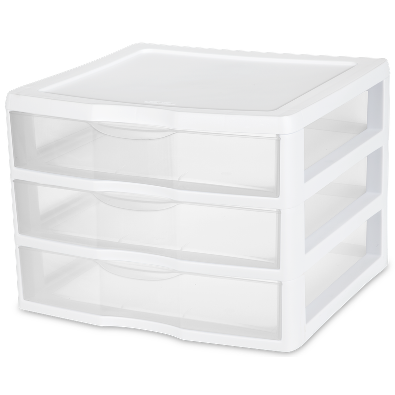 Caja plástica de 3 gavetas, transparente, con marco blanco.