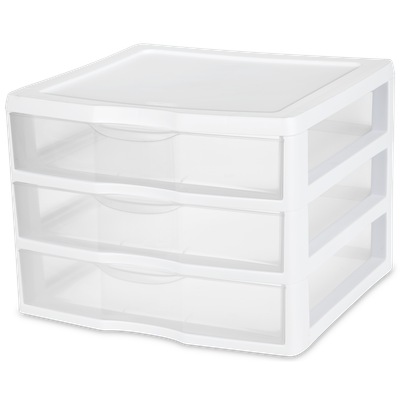 Caja plástica de 3 gavetas, transparente, con marco blanco.