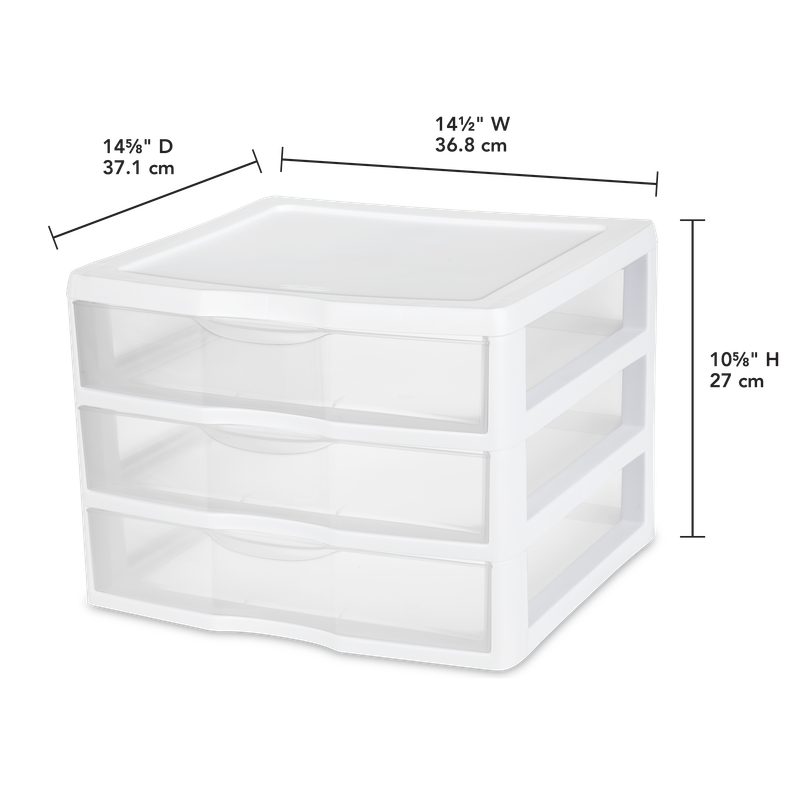 Caja plástica de 3 gavetas, transparente, con marco blanco.