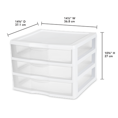 Caja plástica de 3 gavetas, transparente, con marco blanco.