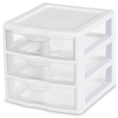 Caja Plástica Mini 3 Gavetas, Transparente Marco Blanco.