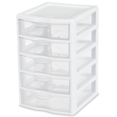 Caja Plástica Mini 5 Gavetas, Transparente Marco Blanco.