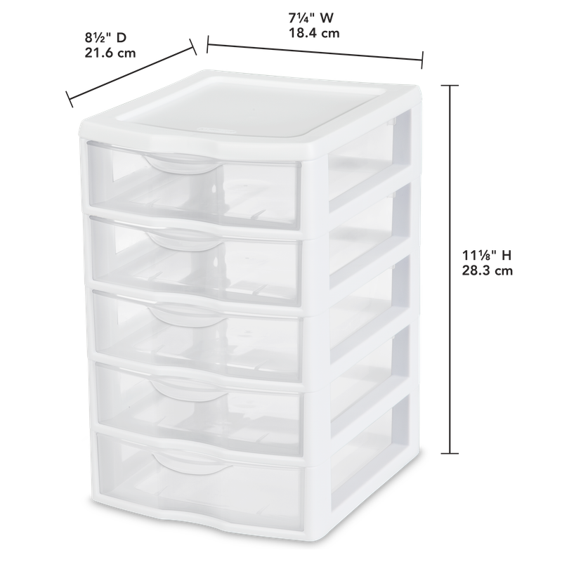 Caja Plástica Mini 5 Gavetas, Transparente Marco Blanco.