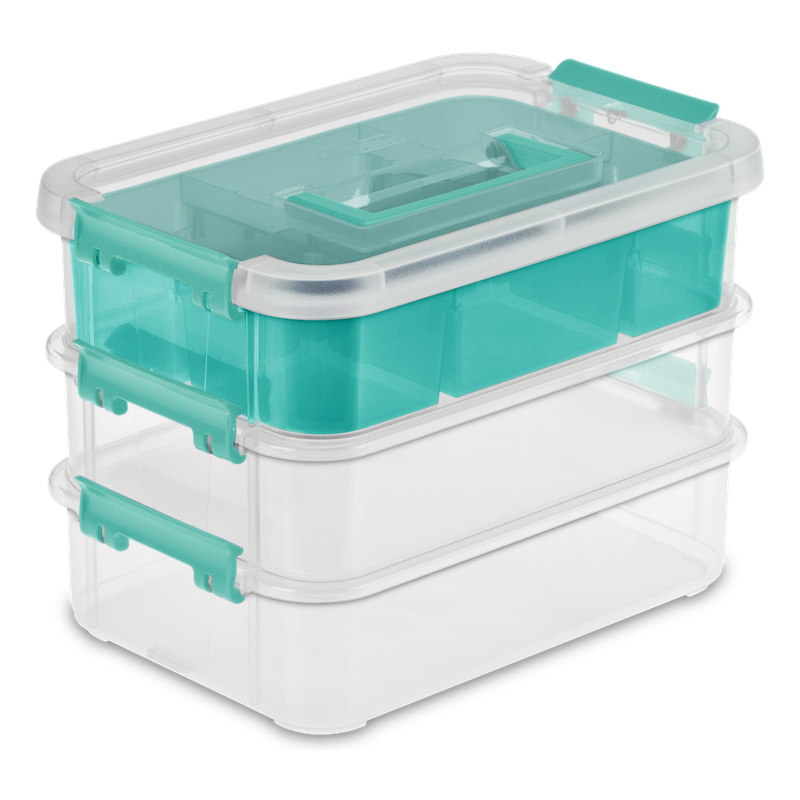 Caja Apilable Transparente, 3 Bandejas, Tapa y Agarrador