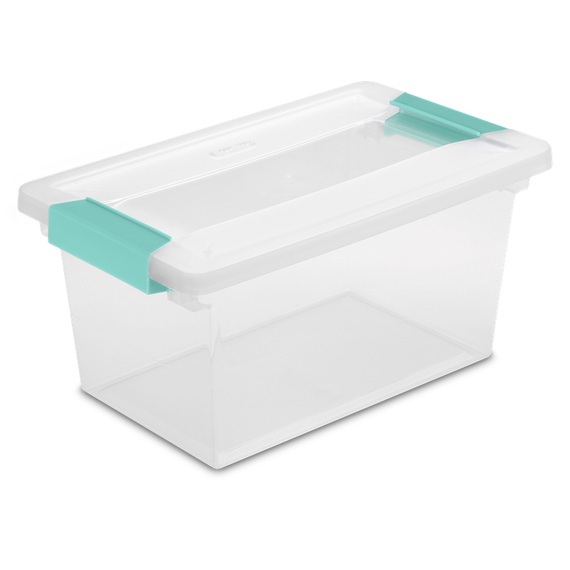 Caja Plástica Mediana Transparente, Clip Turquesa